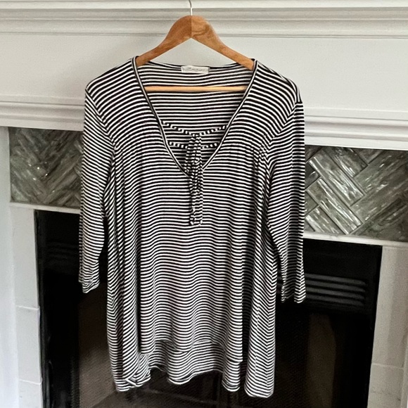 Etched Tops - Anthro ETCHED Modal DOUBLE TIE V-Neck HI LO Flowy Stretch 3/4 Sleeve TOP XL